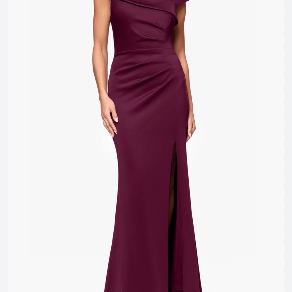 Xscape One Shoulder Burgundy Dress